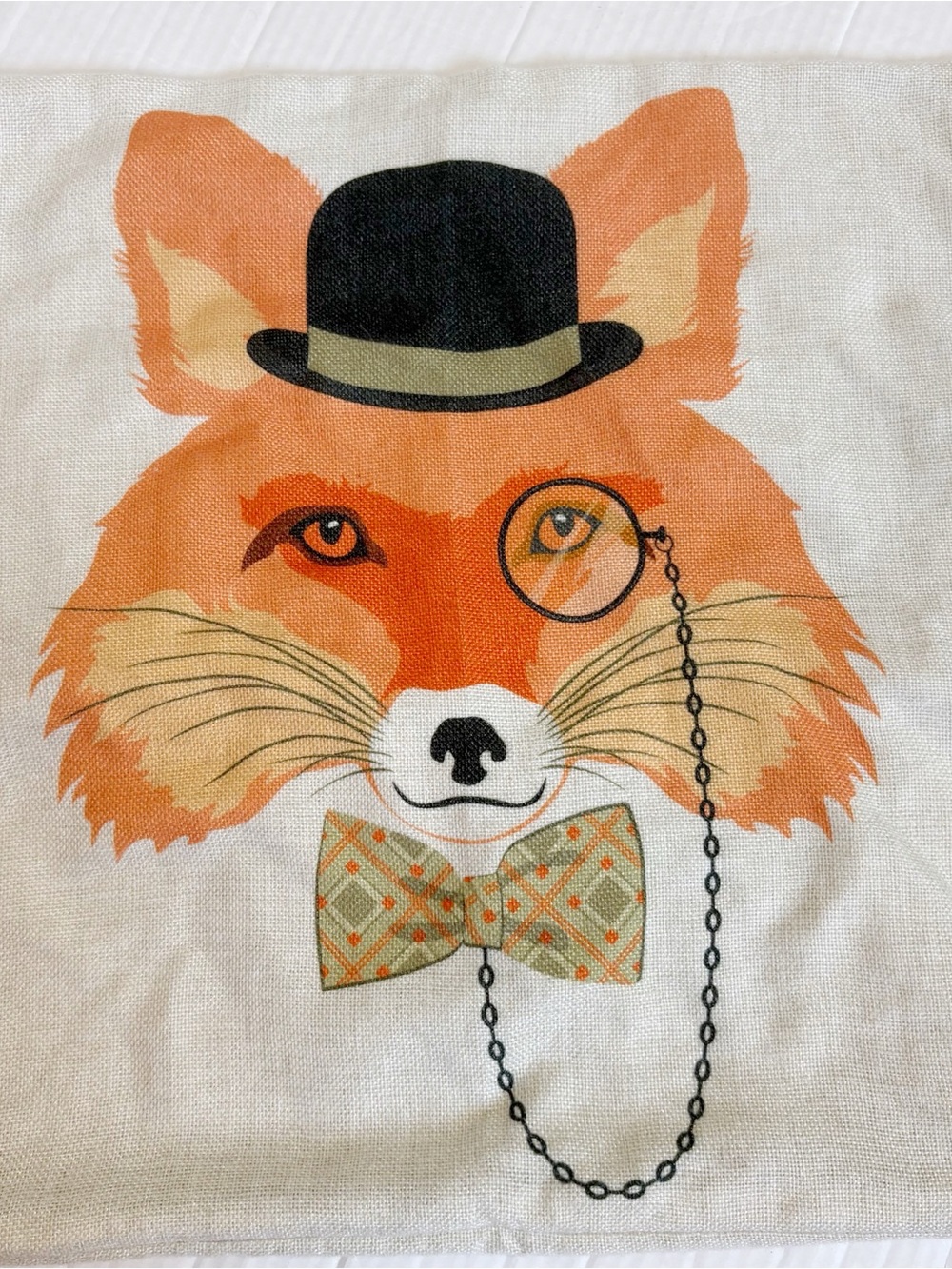 Whimsical Dapper Mr. Fox Throw Pillow Case Top Hat Bow Tie Monocle 16.5” Square - Picture 3 of 10